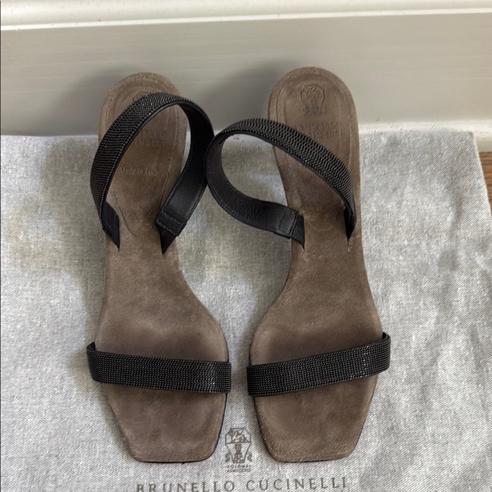 Brunello Cucinelli Black Monili sling back Sandals with Luxury suede